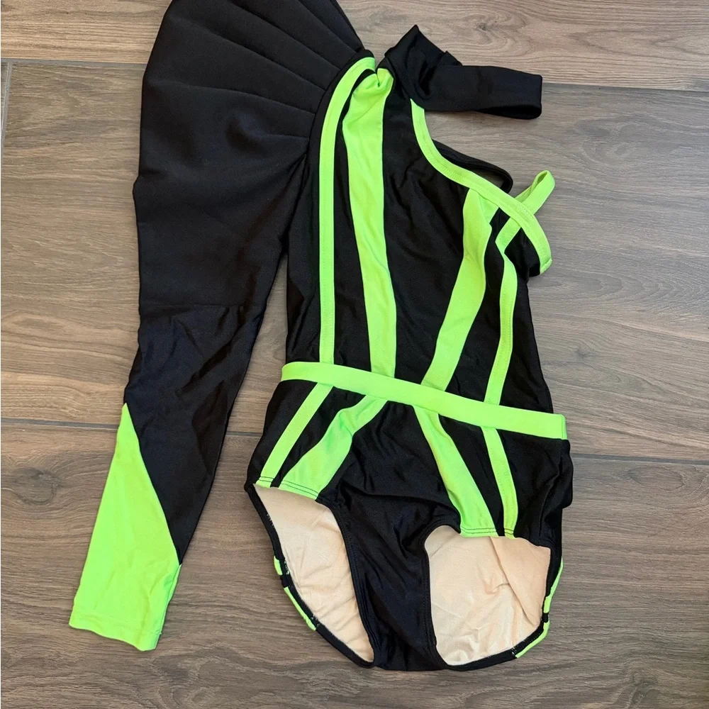 Neon Green & Black Asymmetrical Kids One-Piece Bodysuit